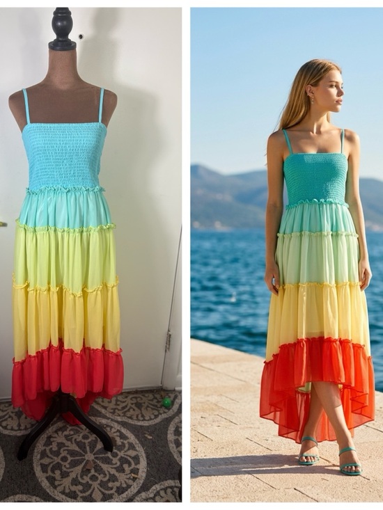 Unbranded Dresses & Skirts - Women’s Sz M lined Hi-Low Tiered Ombre Smocked Maxi Dress in Aqua, Yellow & Red
